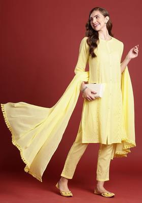 Yellow Woven Design Cotton Kurta Set
