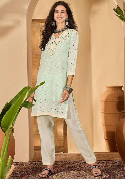 Green Embroidered Cotton Kurta Set — view on Indya