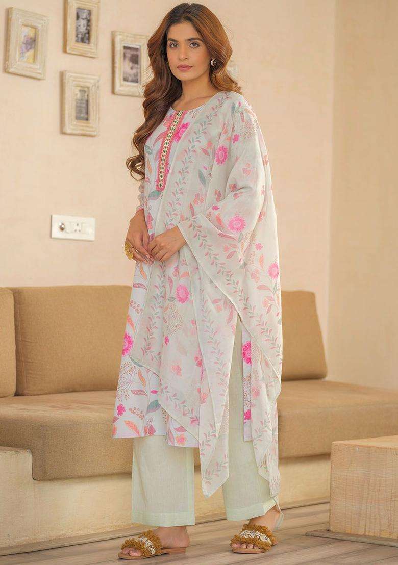 Off White Printed Linen Kurta Set - Indya