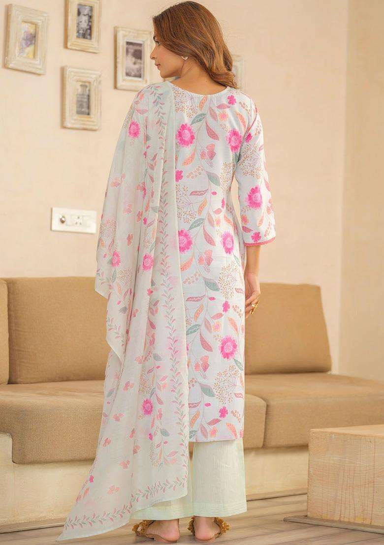 Off White Printed Linen Kurta Set - Indya