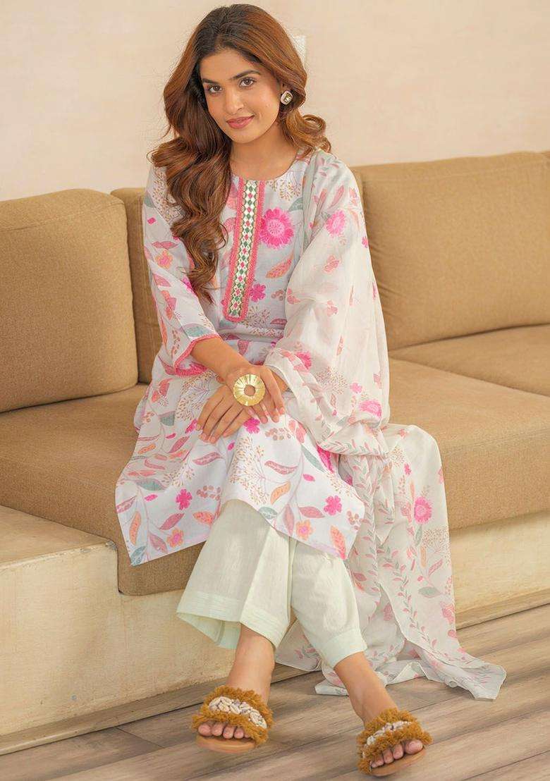 Off White Printed Linen Kurta Set - Indya