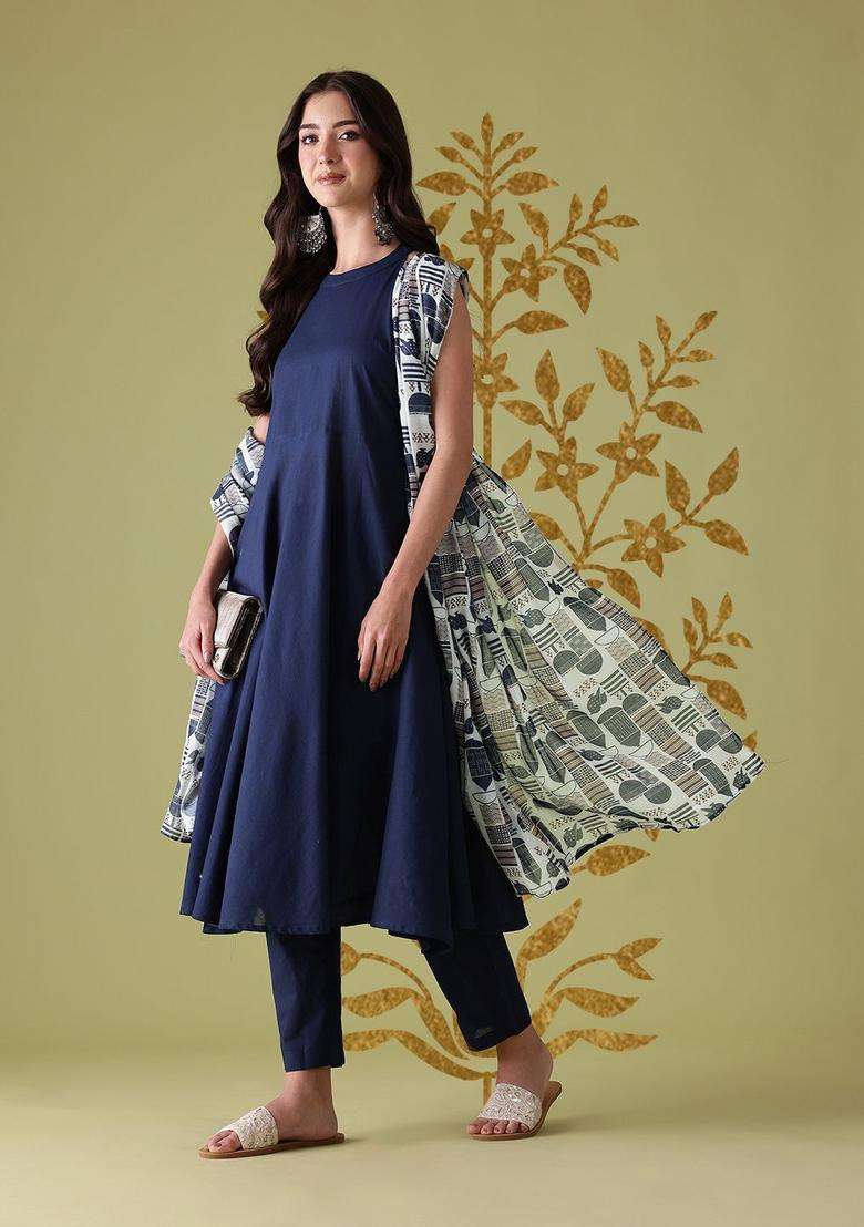 Navy Blue Solid Cotton Kurta Set - Indya