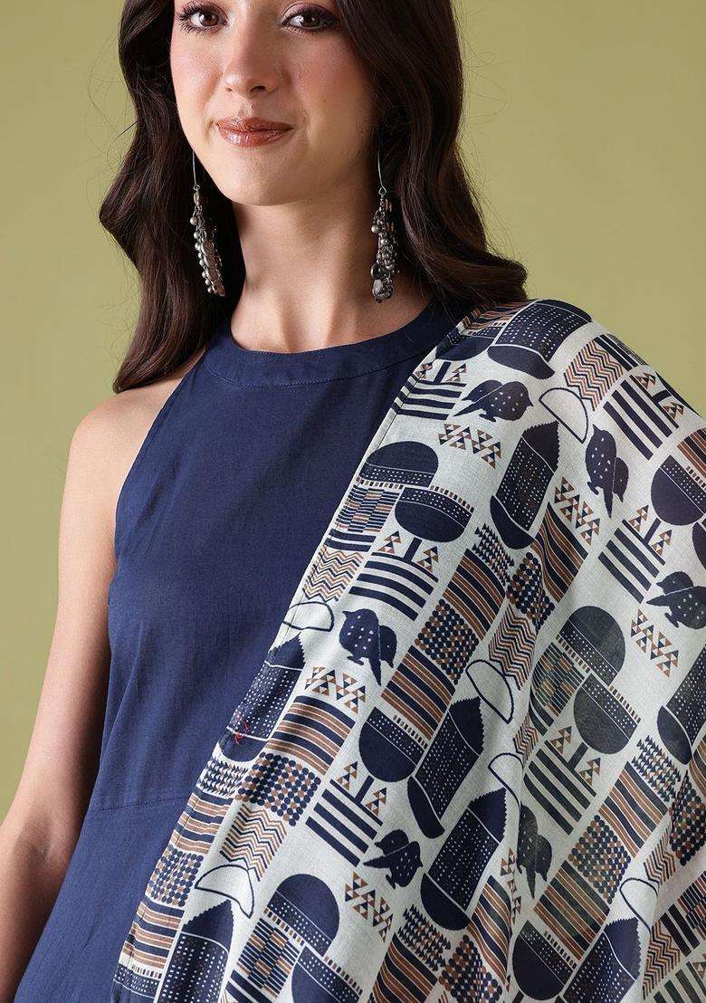Navy Blue Solid Cotton Kurta Set - Indya