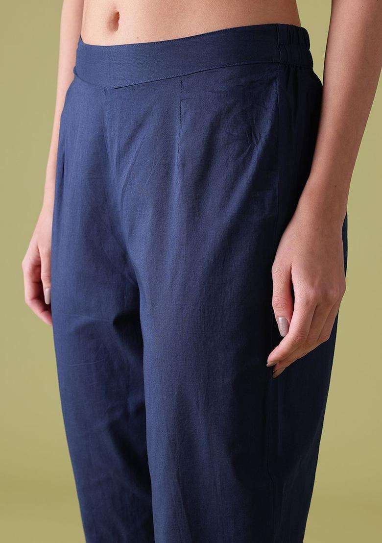 Navy Blue Solid Cotton Kurta Set - Indya