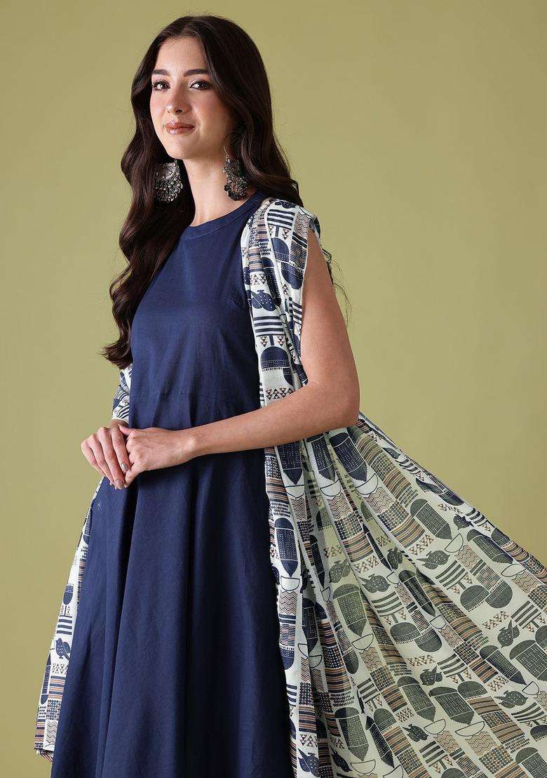 Navy Blue Solid Cotton Kurta Set - Indya