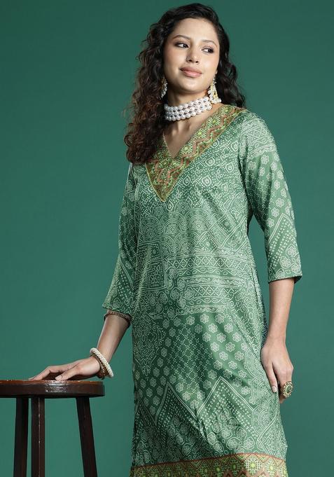 Green Printed Polyester Kurta Set — view on Indya