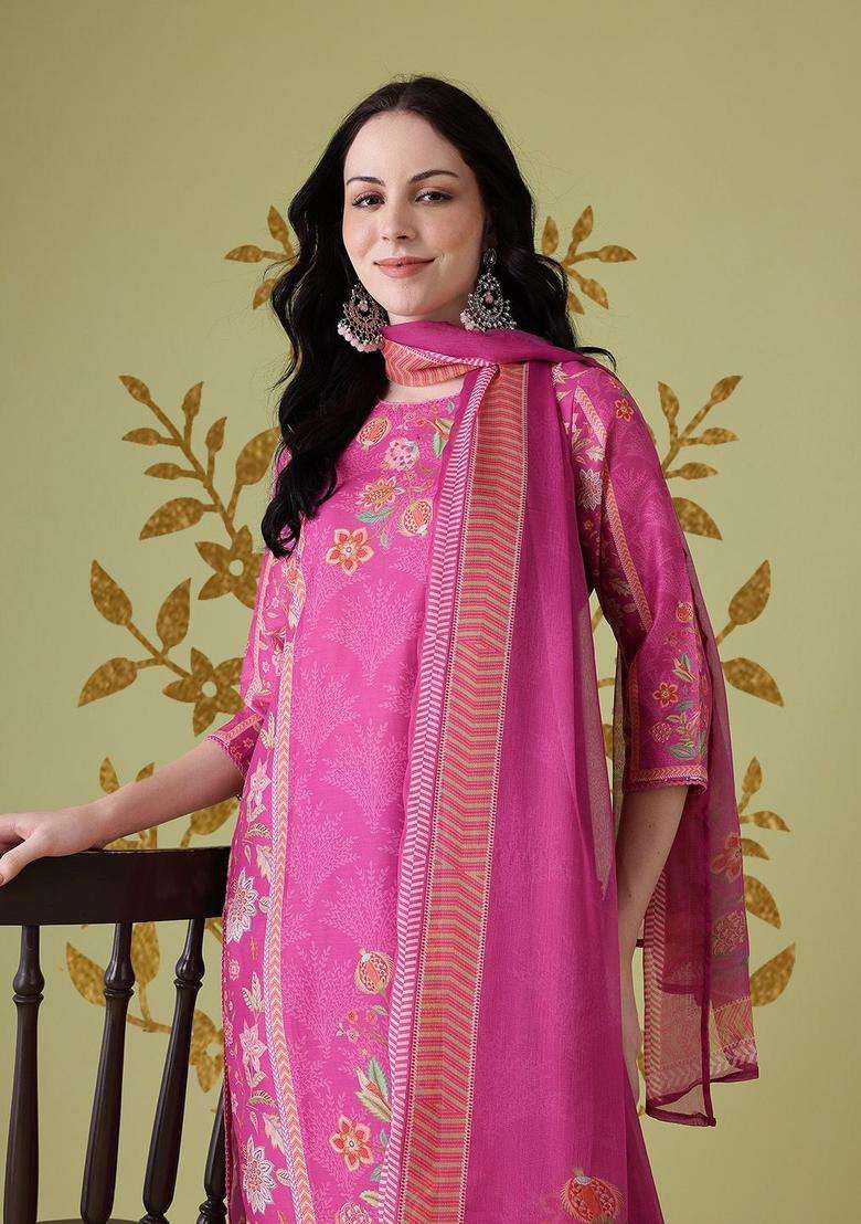 Pink Printed Polyester Kurta Set - Indya