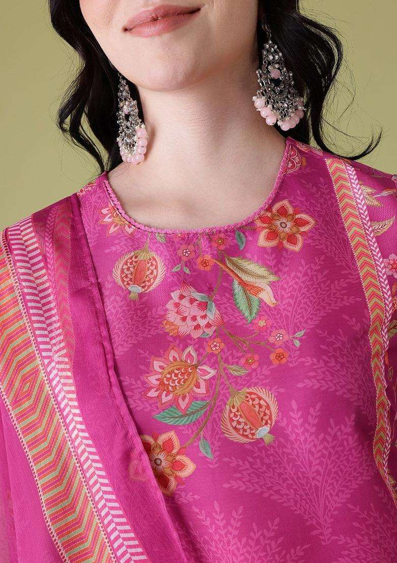 Pink Printed Polyester Kurta Set - Indya