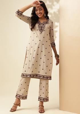 Beige Embroidered Cotton Kurta Set