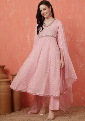 Pink Embroidered Cotton Anarkali Set