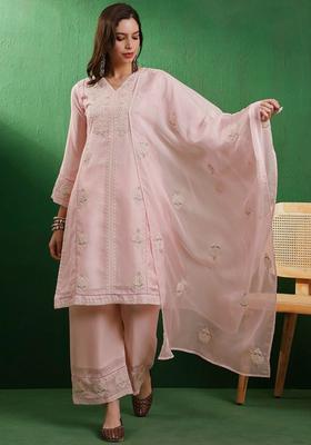 Peach Embroidered Organza Kurta Set