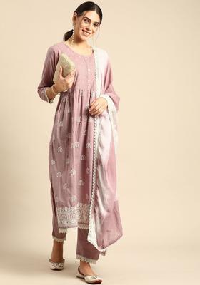 Mauve Embroidered Cotton Kurta Set