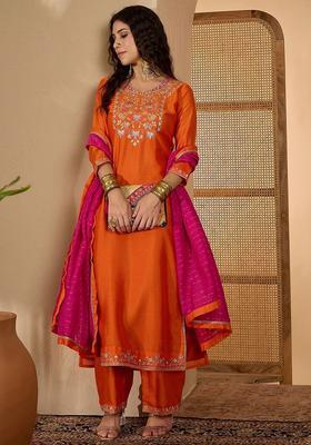 Orange Yoke Design Silk Blend Kurta Set