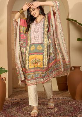 Multi Printed Silk Blend Kurta Set