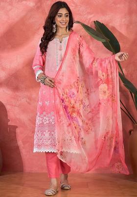 Pink Embroidered Cotton Kurta Set