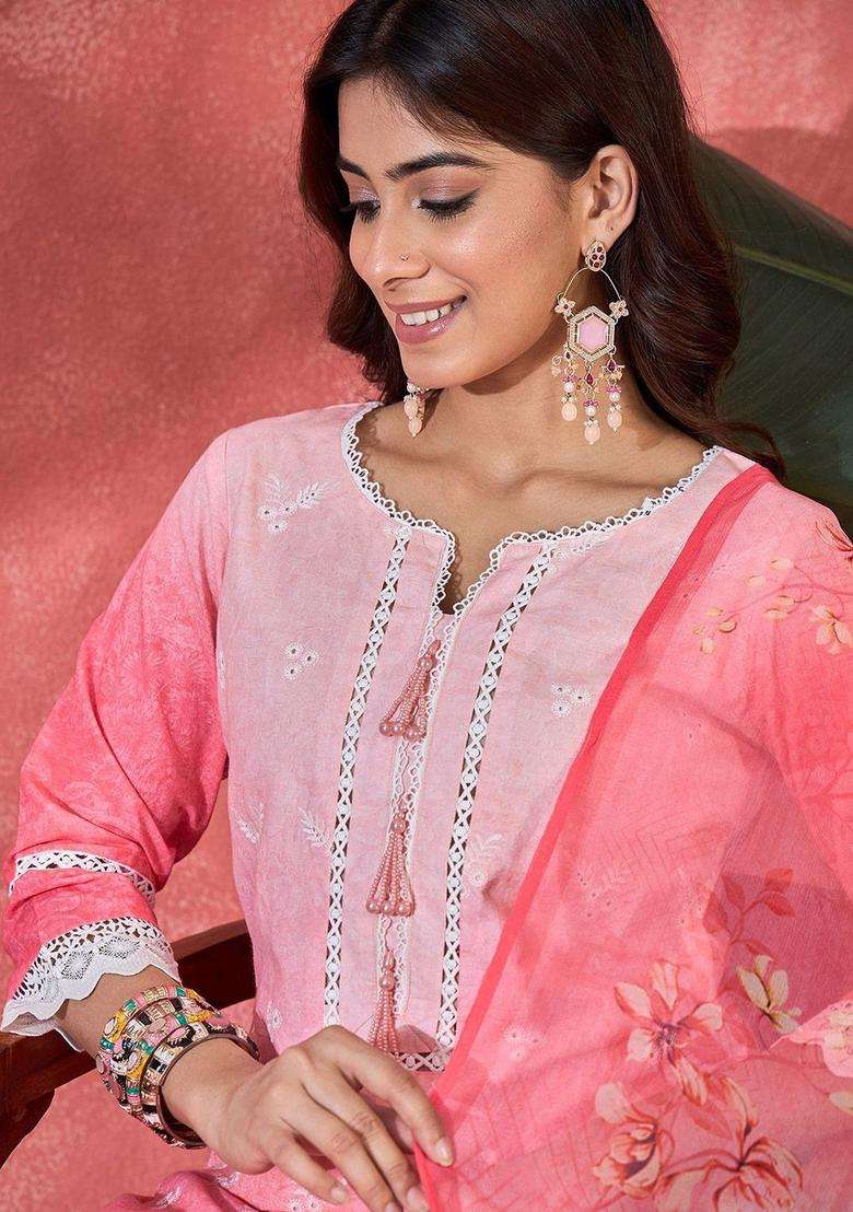 Pink Embroidered Cotton Kurta Set - Indya