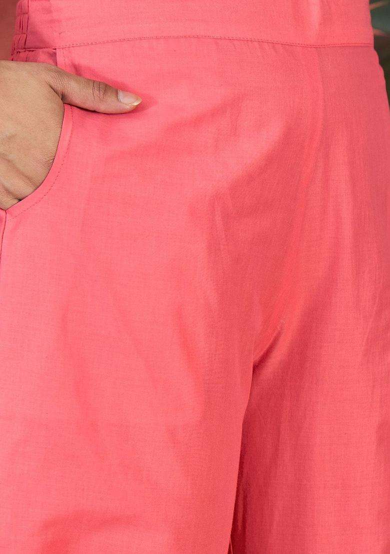 Pink Embroidered Cotton Kurta Set - Indya