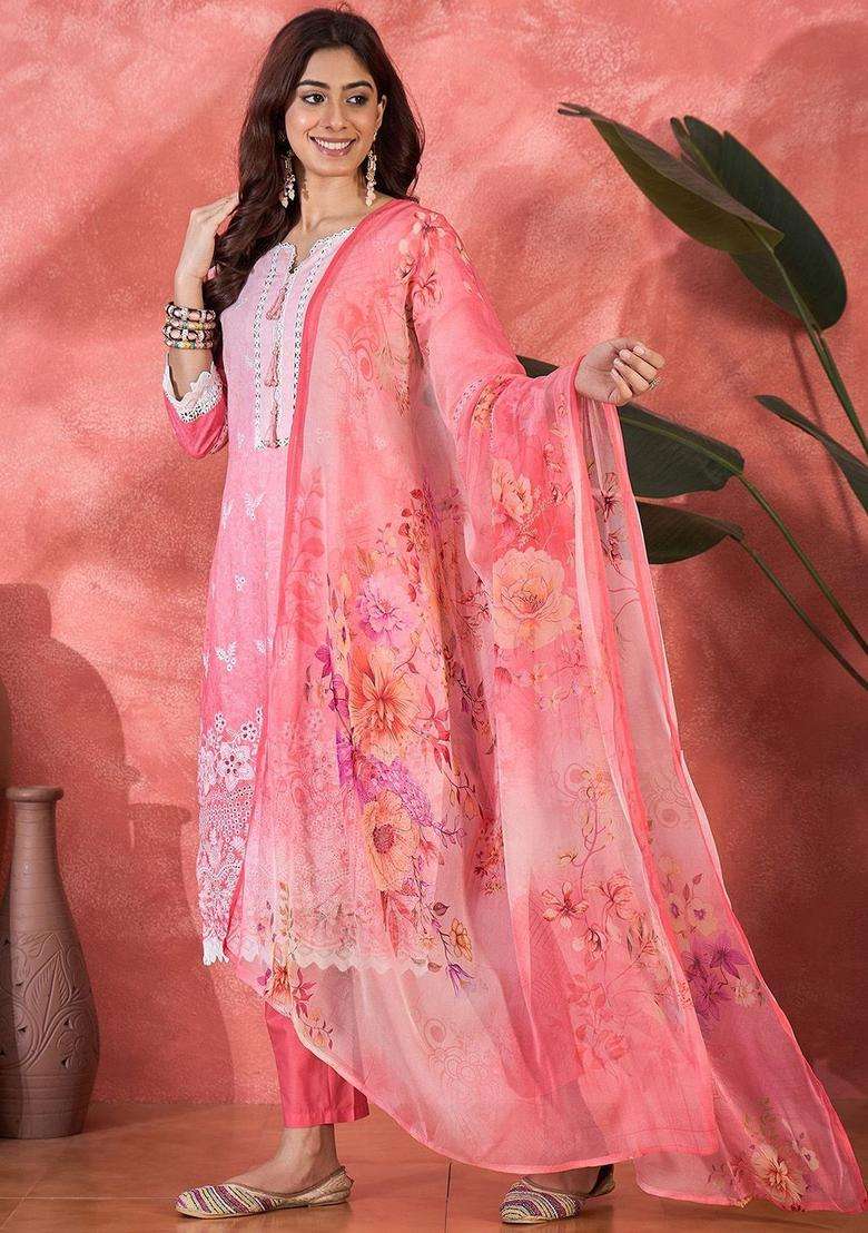 Pink Embroidered Cotton Kurta Set - Indya