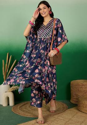 Blue Printed Chinon Kurta Set