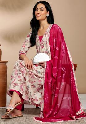 Cream Printed Cotton Anarkali Set