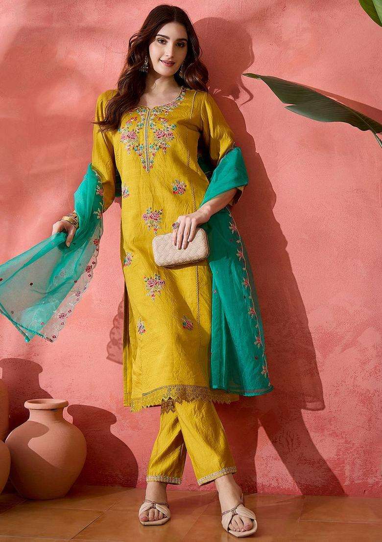 Yellow Embroidered Silk Blend Kurta Set - Indya