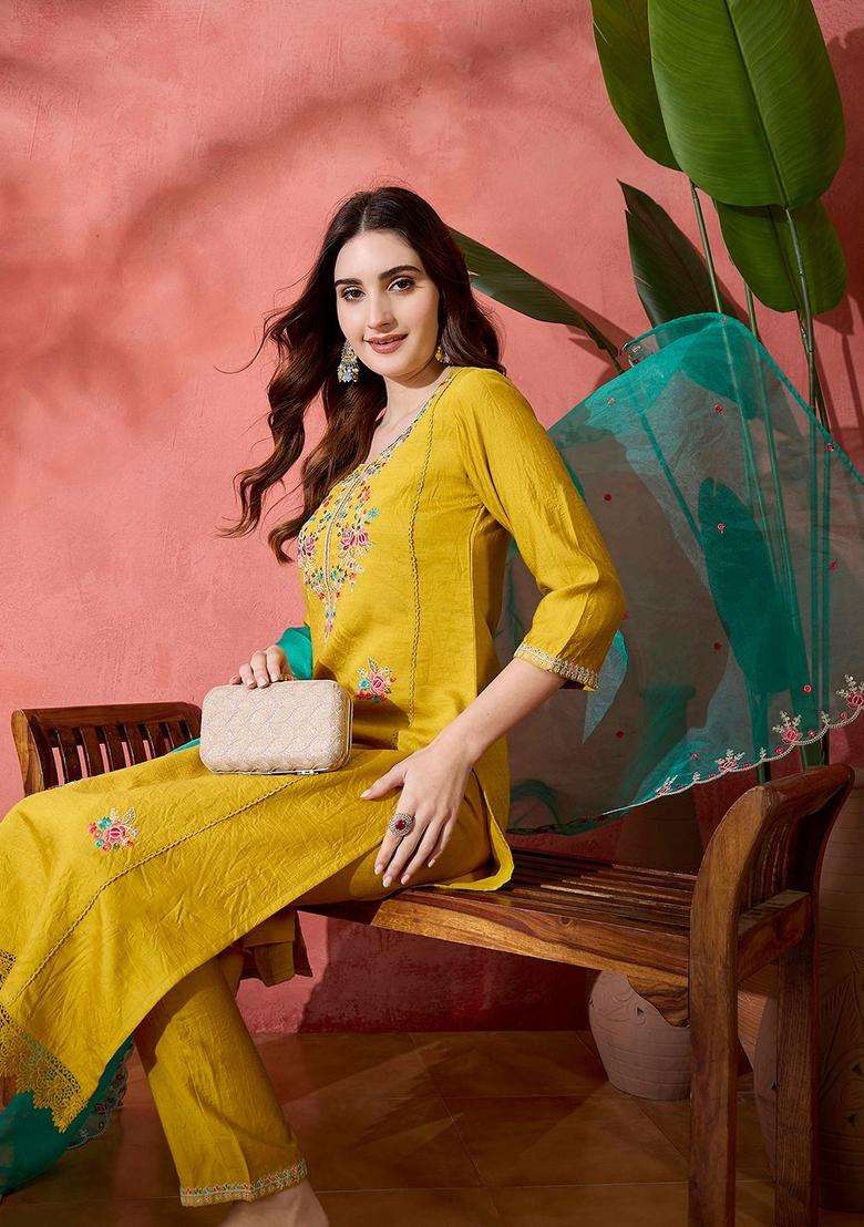 Yellow Embroidered Silk Blend Kurta Set - Indya