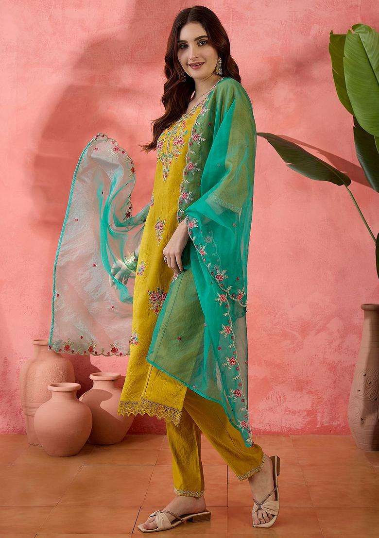 Yellow Embroidered Silk Blend Kurta Set - Indya