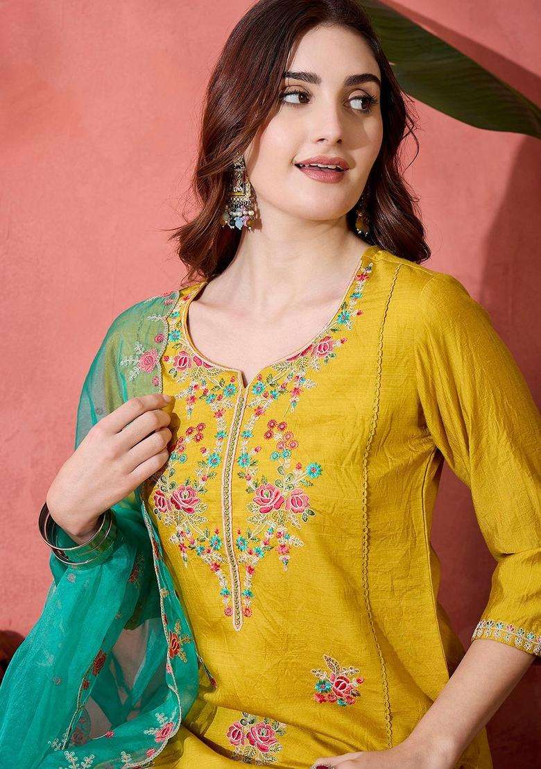 Yellow Embroidered Silk Blend Kurta Set - Indya