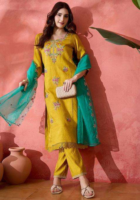 Yellow Embroidered Silk Blend Kurta Set