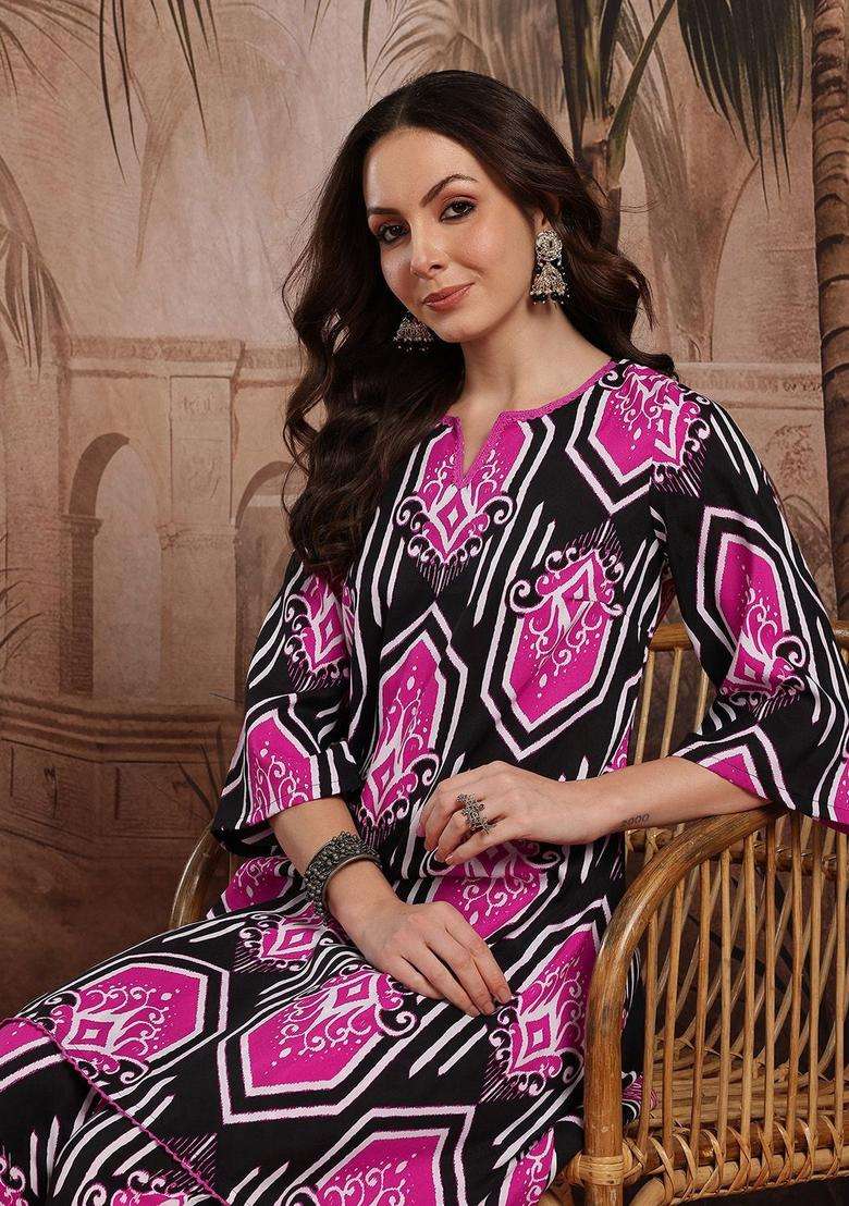 Black Printed Polyester Kurta Set - Indya