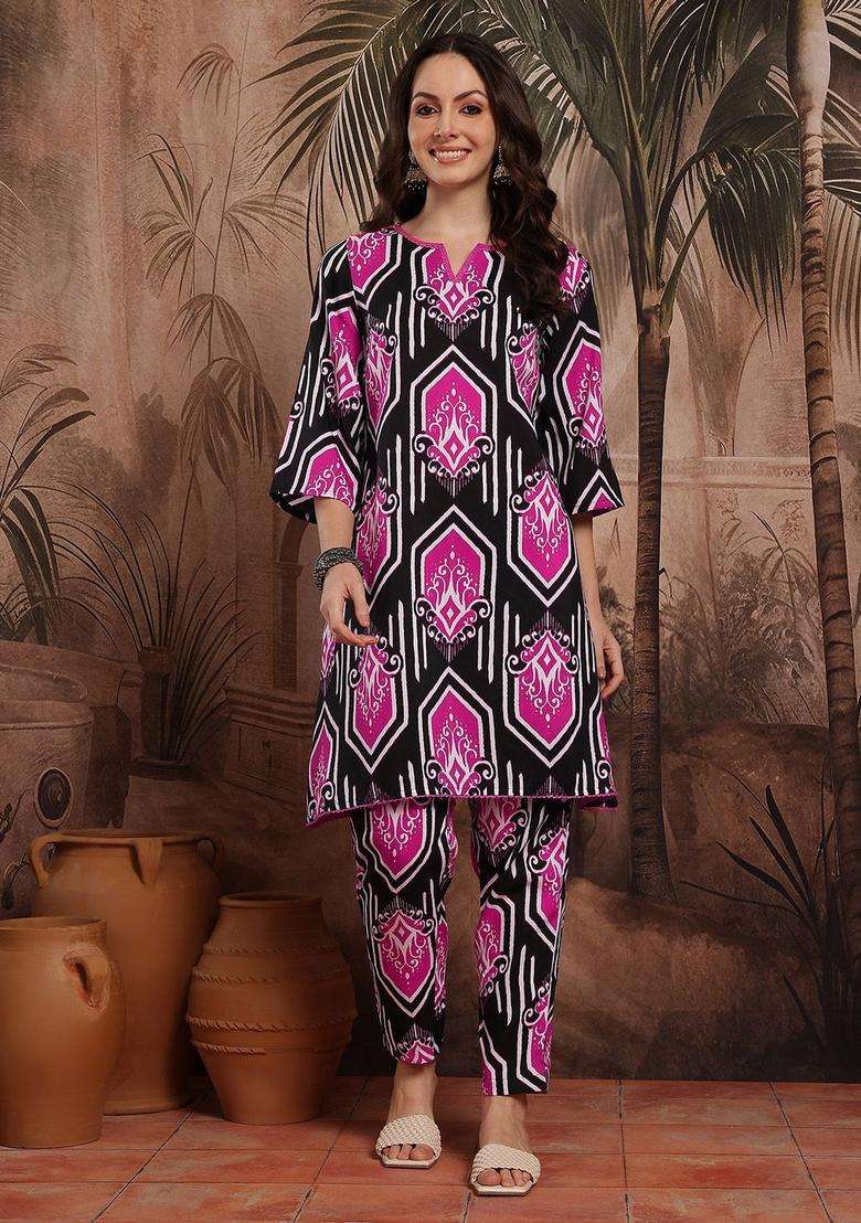 Black Printed Polyester Kurta Set - Indya