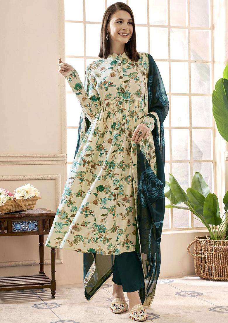 Cream Printed Cotton Kurta Set - Indya
