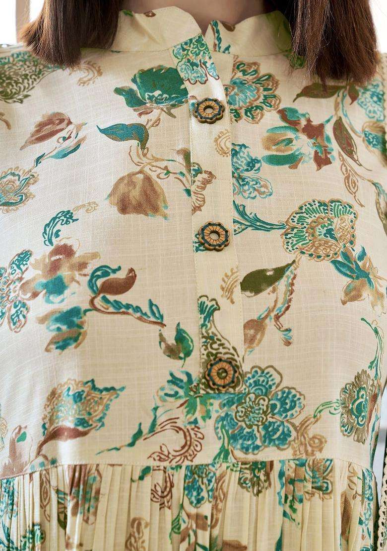 Cream Printed Cotton Kurta Set - Indya