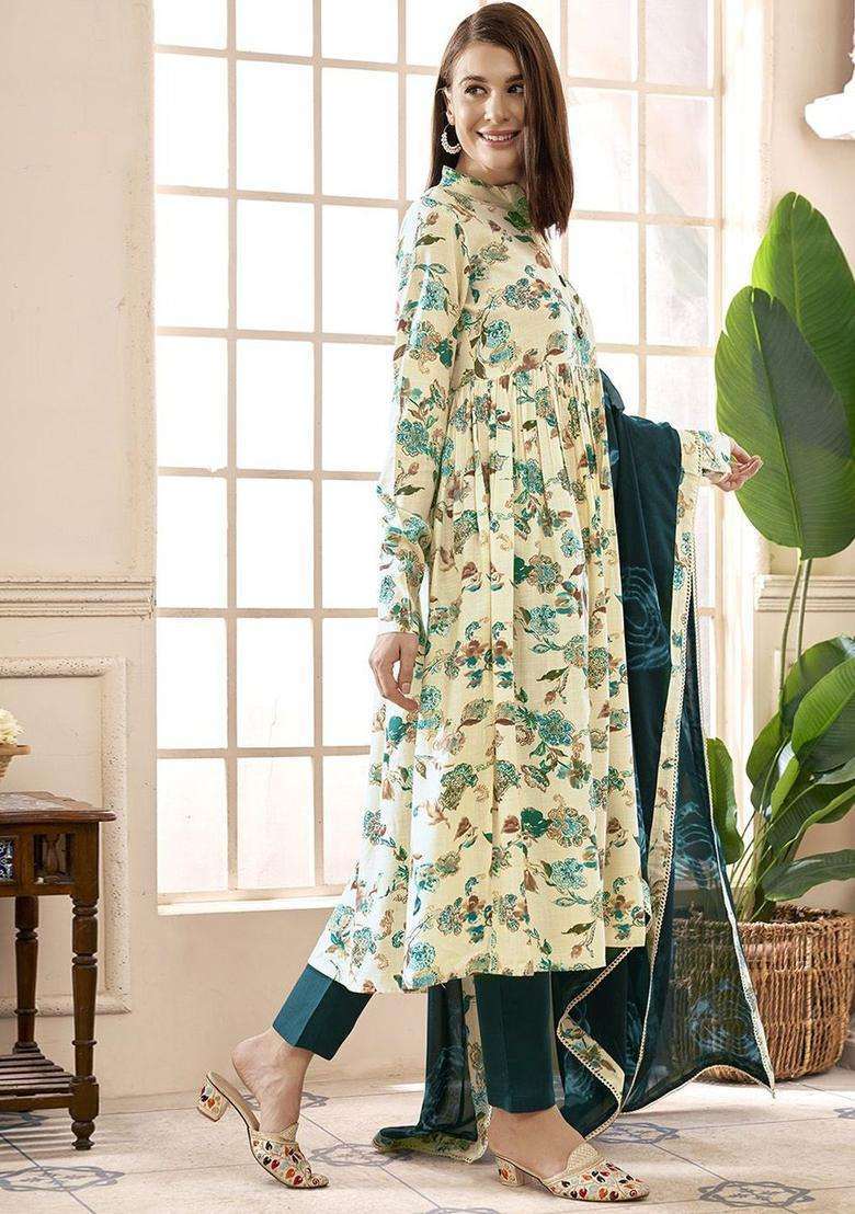 Cream Printed Cotton Kurta Set - Indya