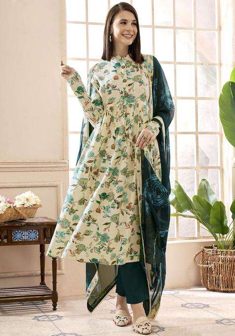 Cream Printed Cotton Kurta Set