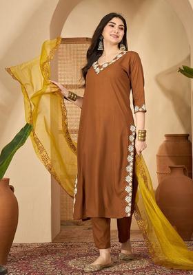 Brown Embroidered Viscose Kurta Set