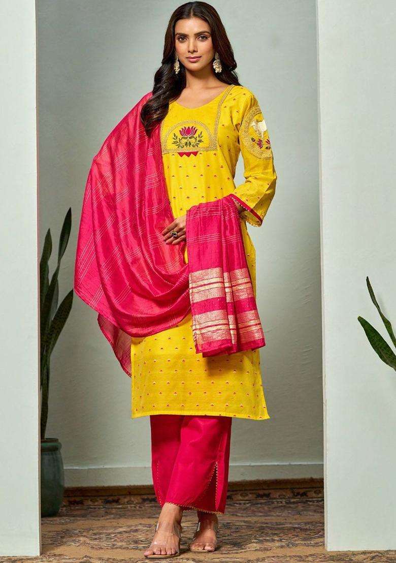 Yellow Embroidered Cotton Kurta Set - Indya