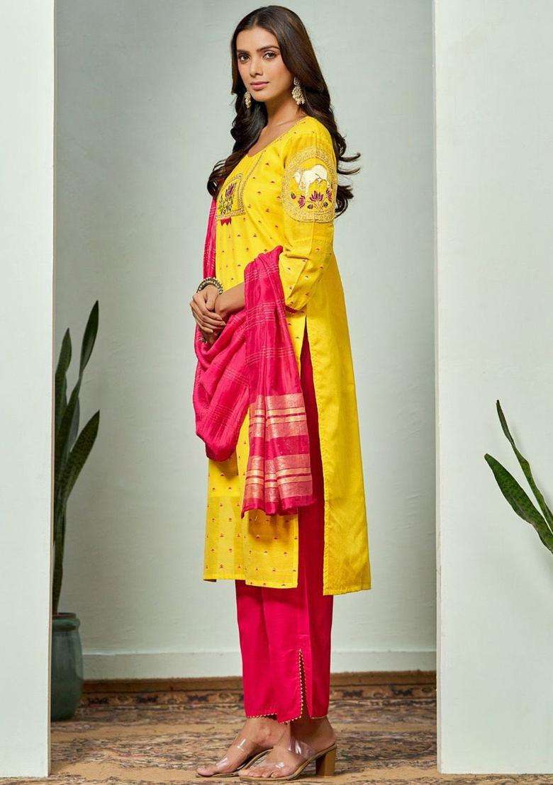 Yellow Embroidered Cotton Kurta Set - Indya