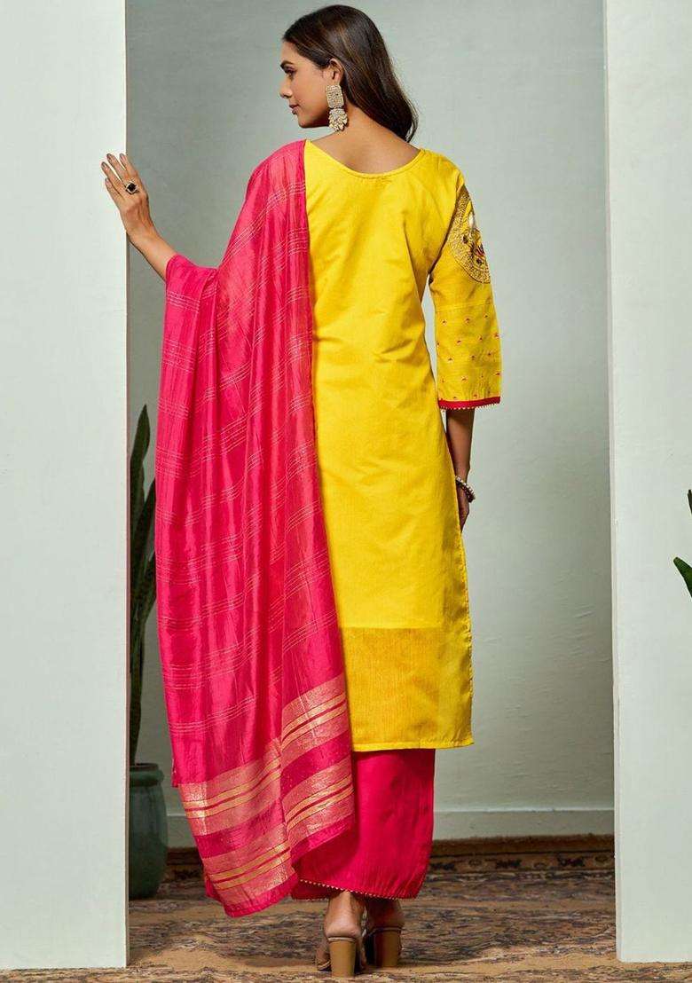Yellow Embroidered Cotton Kurta Set - Indya