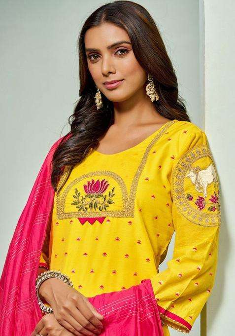Yellow Embroidered Cotton Kurta Set