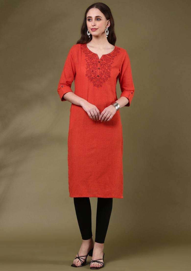 Orange  Cotton Kurta - Indya