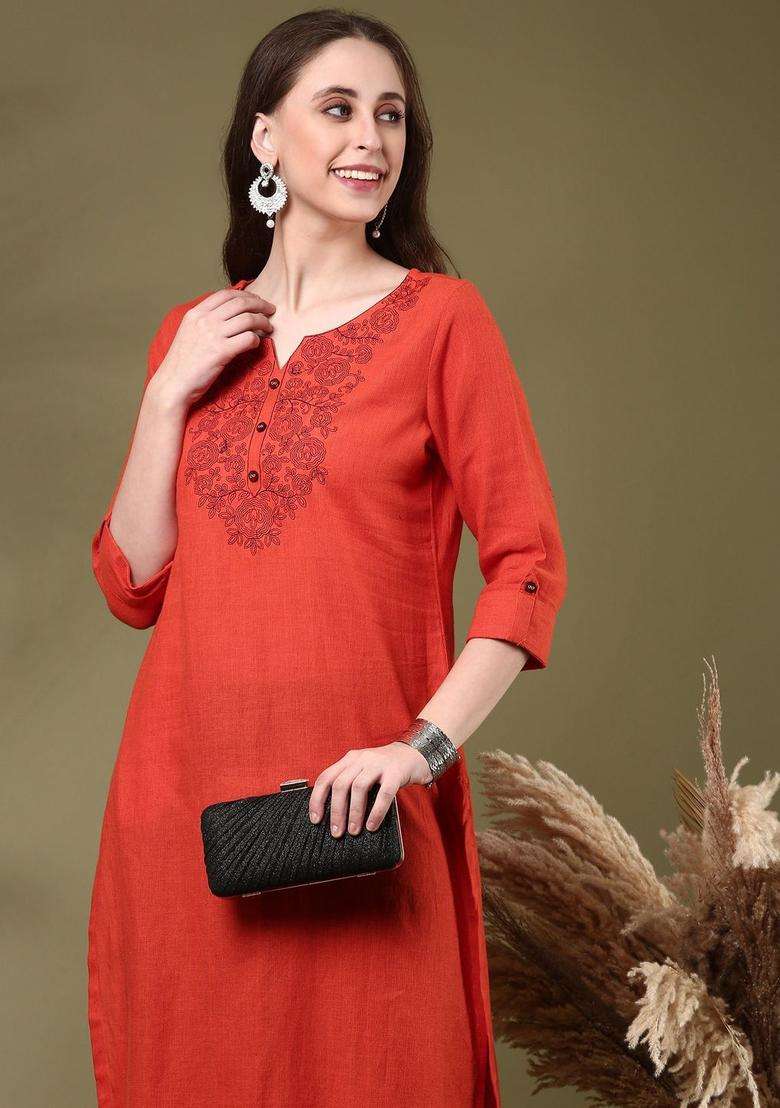 Orange  Cotton Kurta - Indya