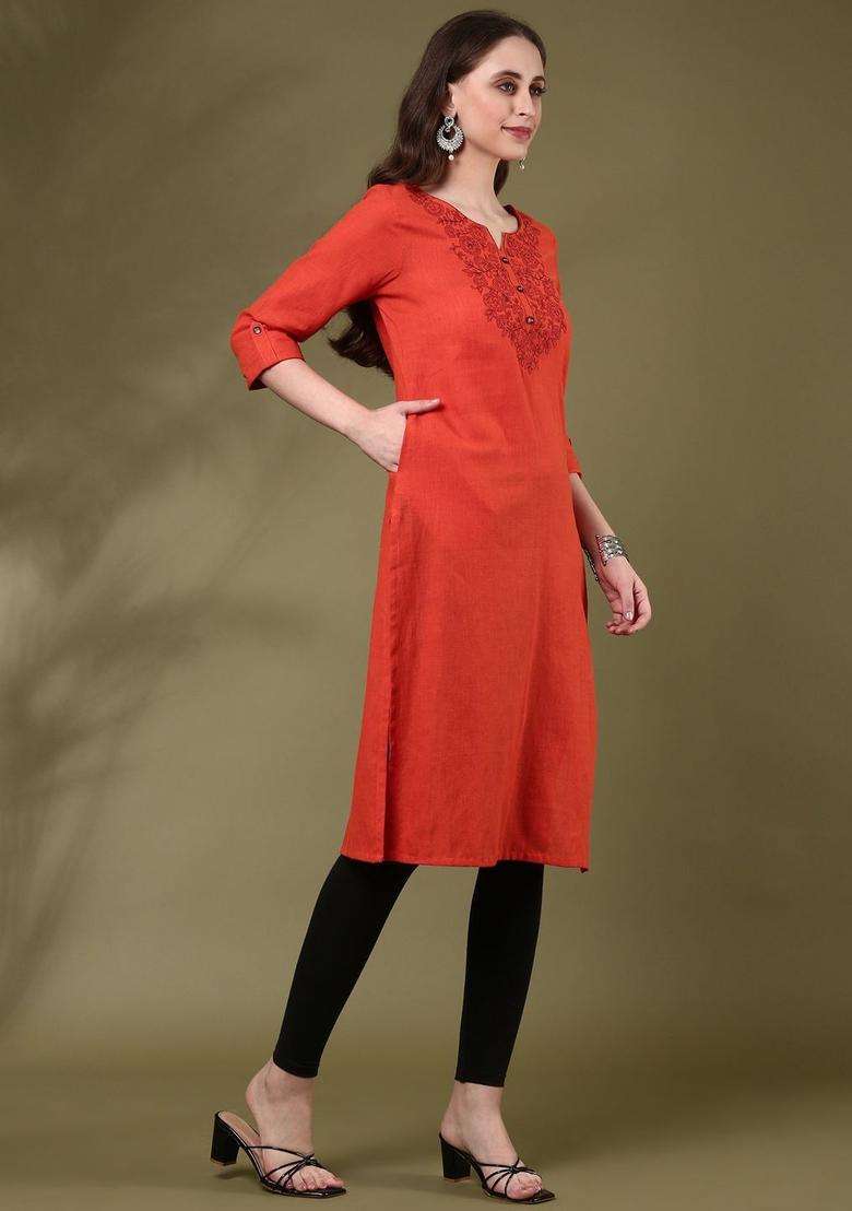 Orange  Cotton Kurta - Indya