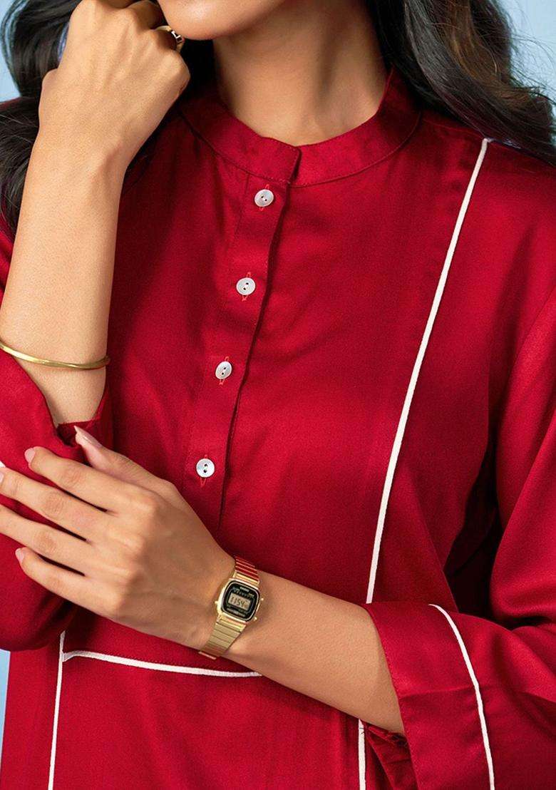 Red Solid Satin Kurta Set - Indya