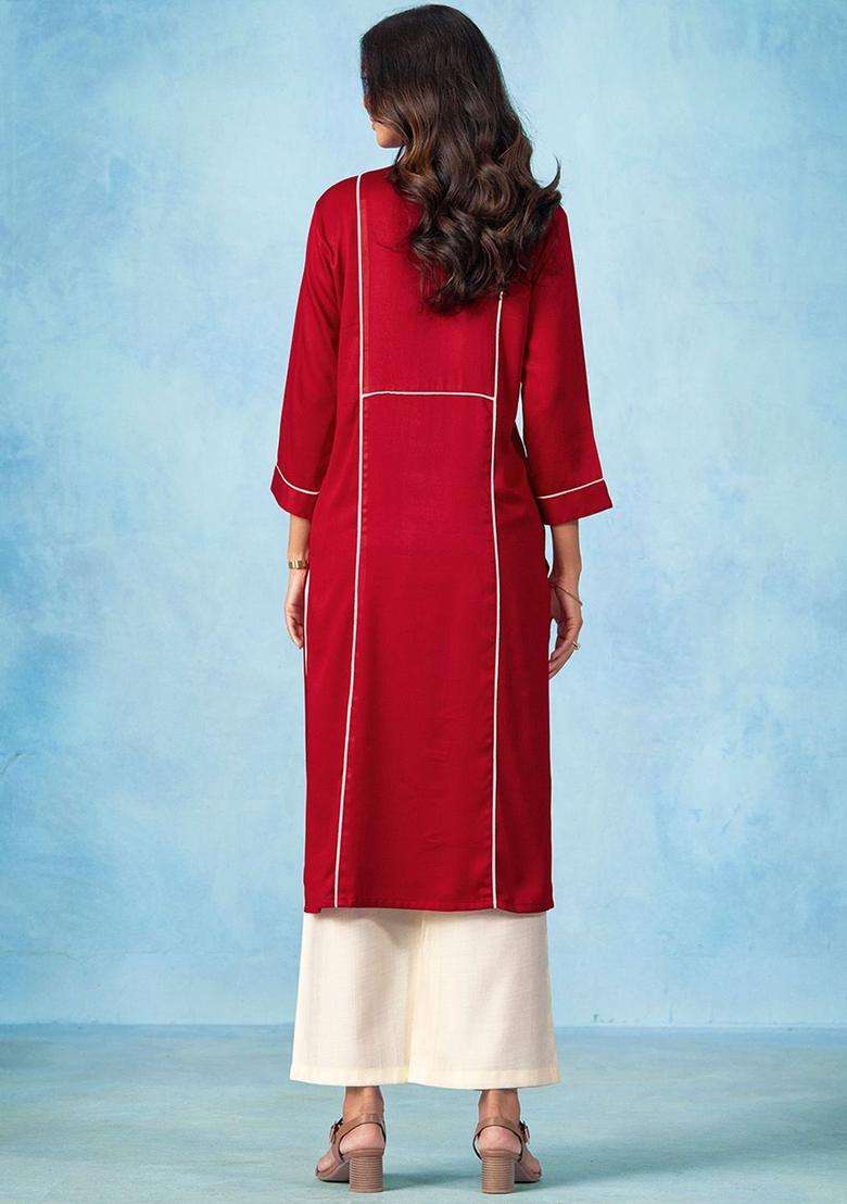 Red Solid Satin Kurta Set - Indya