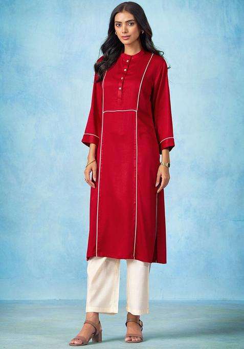 Red Solid Satin Kurta Set
