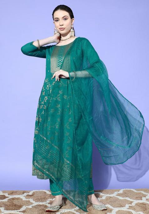 Blue Woven Design Silk Kurta Set — view on Indya