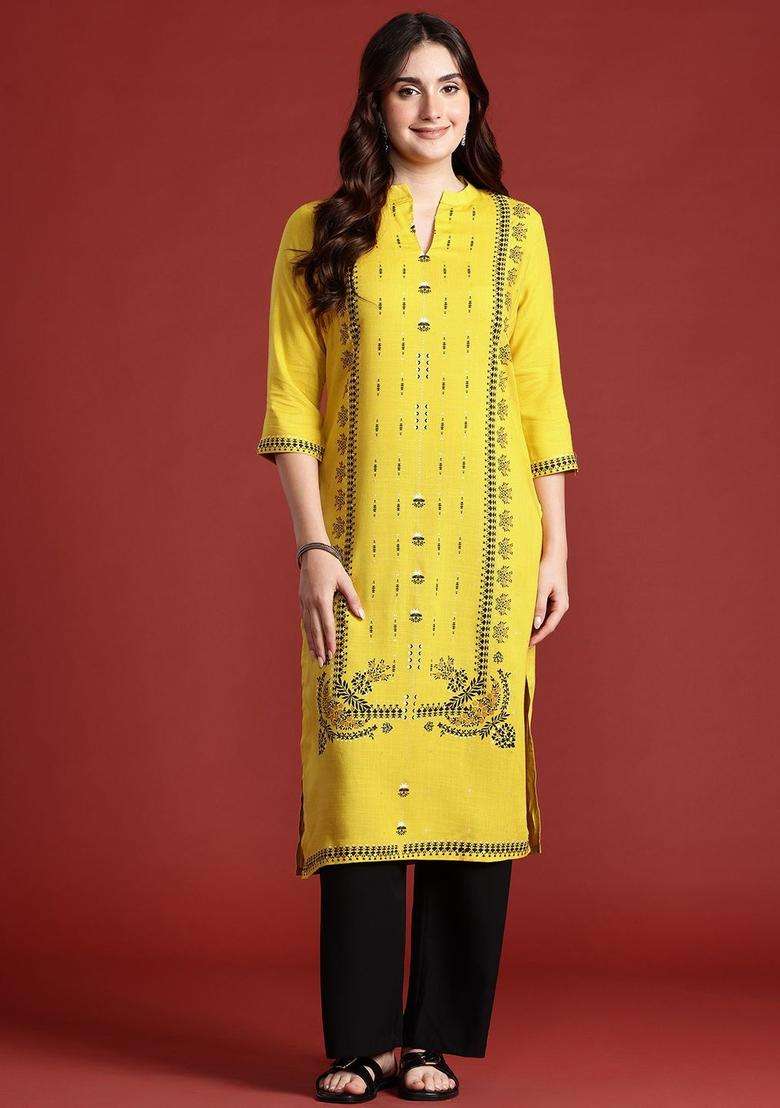 Yellow  Blended Kurta - Indya