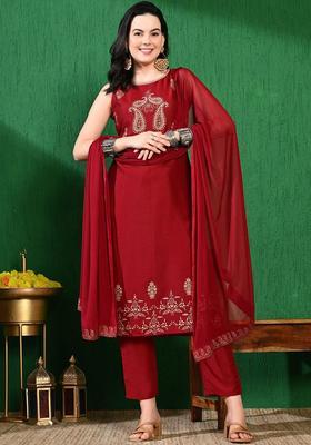 Maroon Printed Silk Blend Kurta Set