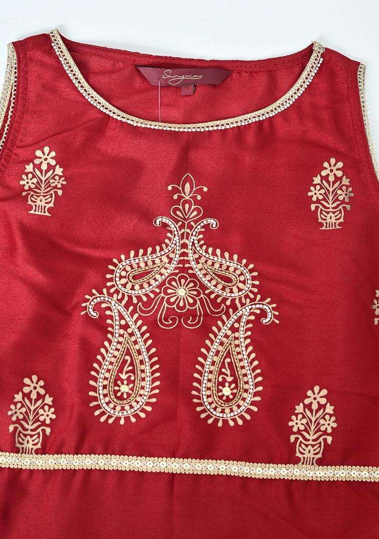 Maroon Printed Silk Blend Kurta Set - Indya